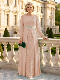 A Line Round Neck Long Sleeves Mother of the Bride Dresses with Belt