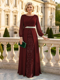 A Line Round Neck Long Sleeves Mother of the Bride Dresses with Belt