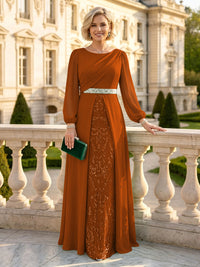 A Line Round Neck Long Sleeves Mother of the Bride Dresses with Belt