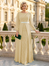 A Line Round Neck Long Sleeves Mother of the Bride Dresses with Belt