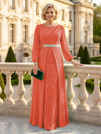 A Line Round Neck Long Sleeves Mother of the Bride Dresses with Belt