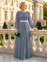 A Line Round Neck Long Sleeves Mother of the Bride Dresses with Belt