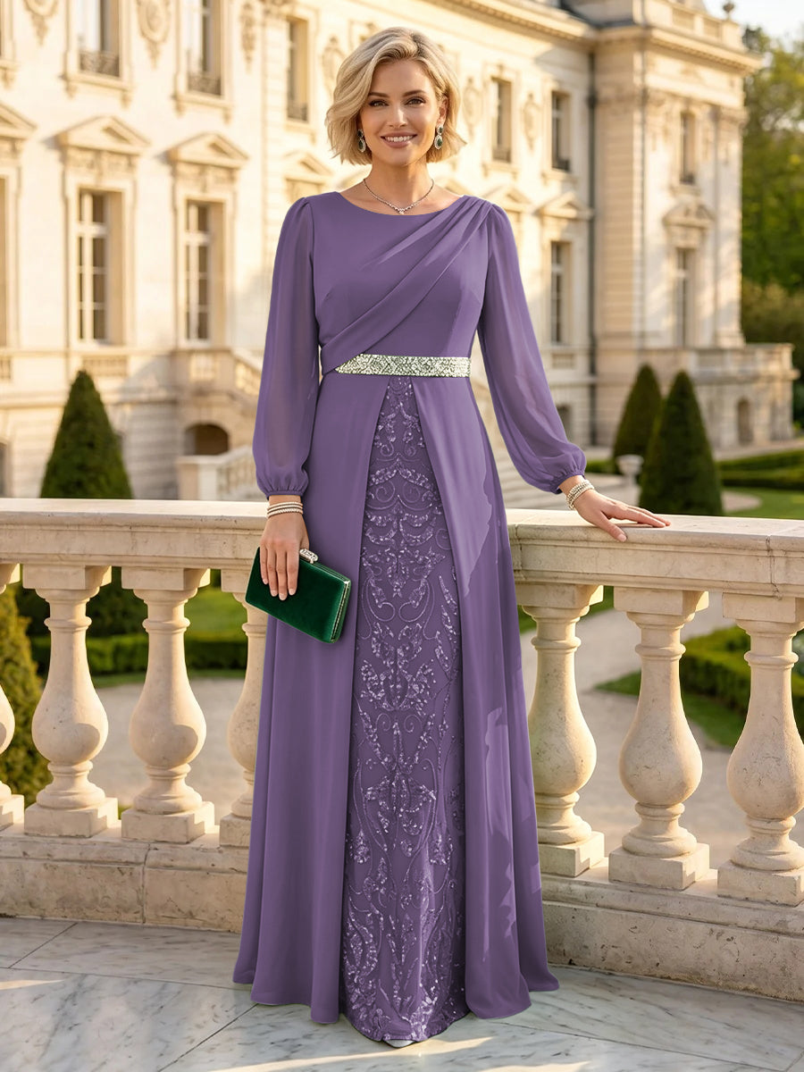 A Line Round Neck Long Sleeves Mother of the Bride Dresses with Belt