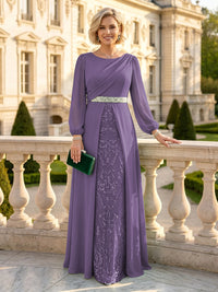 A Line Round Neck Long Sleeves Mother of the Bride Dresses with Belt