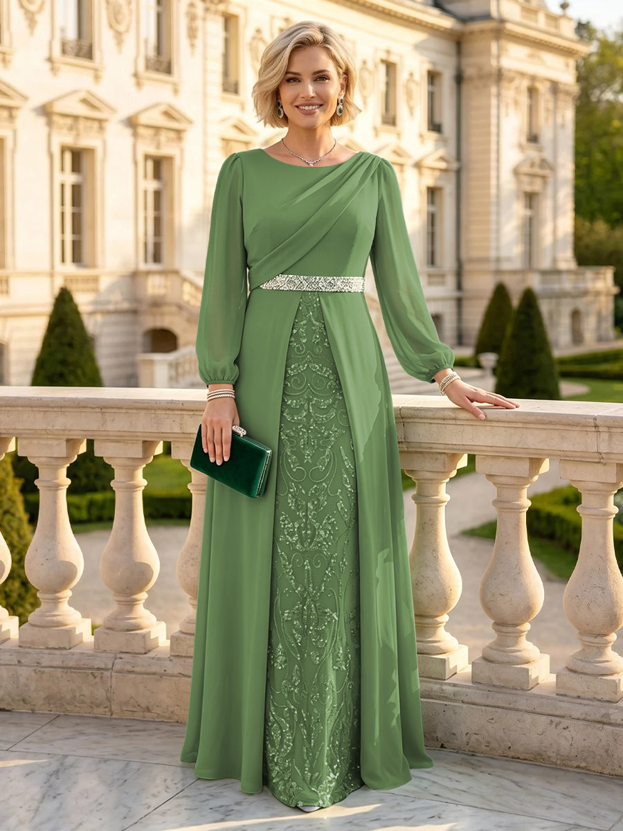 A Line Round Neck Long Sleeves Mother of the Bride Dresses with Belt