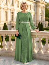 A Line Round Neck Long Sleeves Mother of the Bride Dresses with Belt