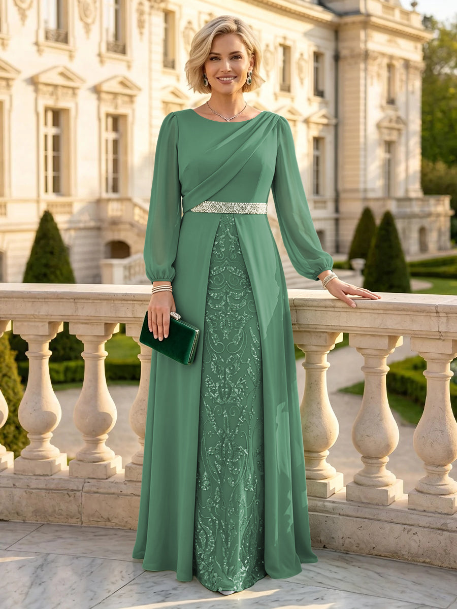 A Line Round Neck Long Sleeves Mother of the Bride Dresses with Belt
