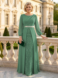 A Line Round Neck Long Sleeves Mother of the Bride Dresses with Belt