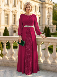 A Line Round Neck Long Sleeves Mother of the Bride Dresses with Belt