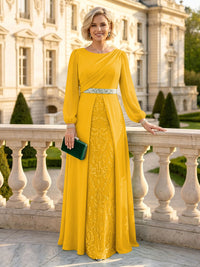 A Line Round Neck Long Sleeves Mother of the Bride Dresses with Belt