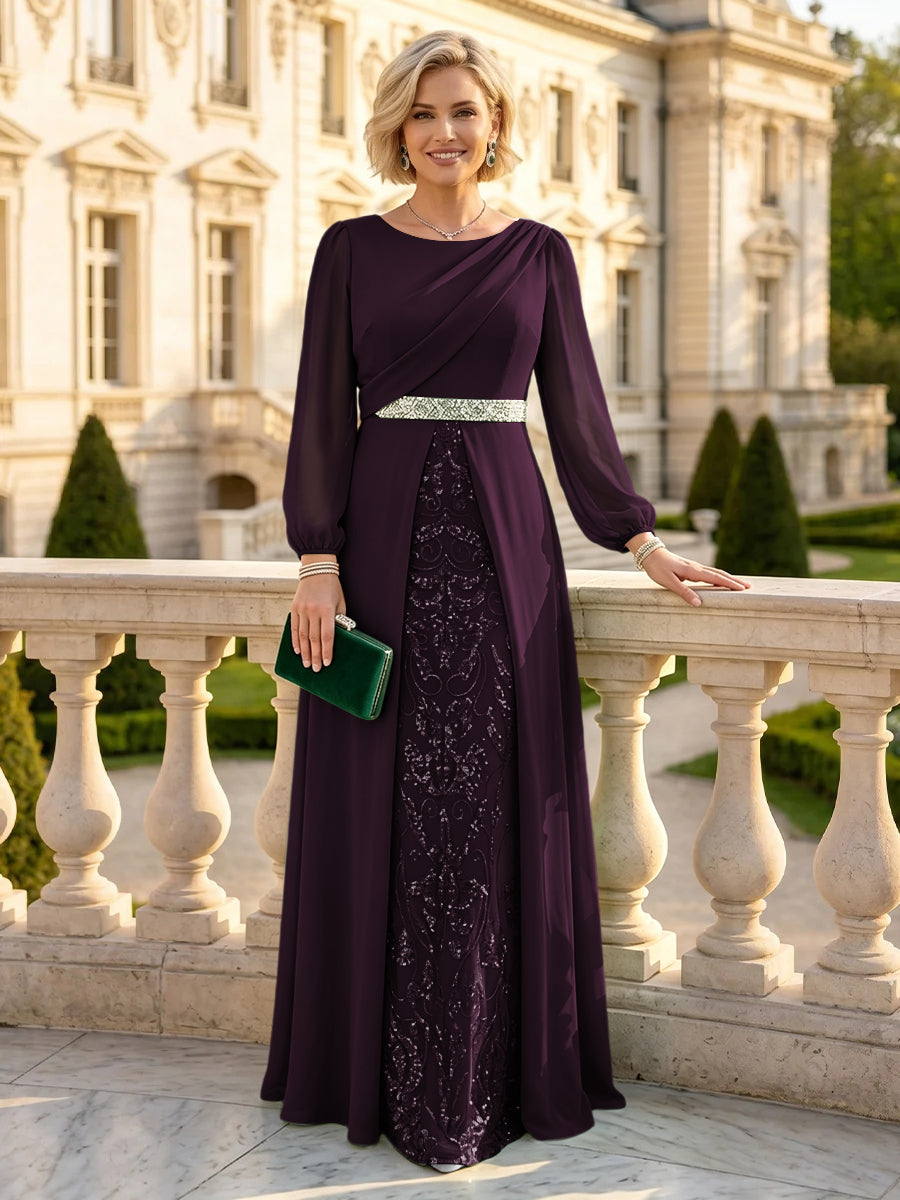 A Line Round Neck Long Sleeves Mother of the Bride Dresses with Belt