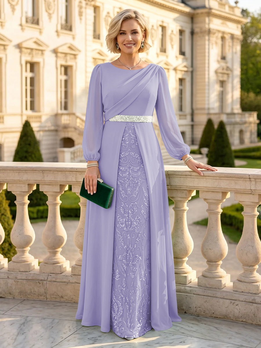 A Line Round Neck Long Sleeves Mother of the Bride Dresses with Belt