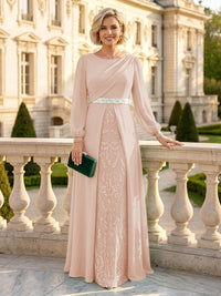 A Line Round Neck Long Sleeves Mother of the Bride Dresses with Belt
