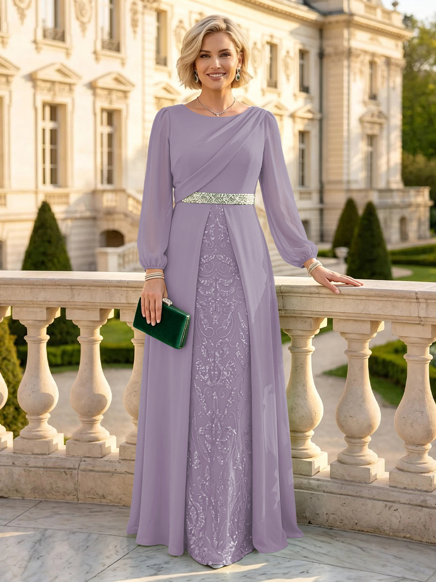 A Line Round Neck Long Sleeves Mother of the Bride Dresses with Belt