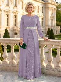 A Line Round Neck Long Sleeves Mother of the Bride Dresses with Belt