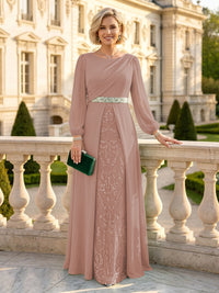 A Line Round Neck Long Sleeves Mother of the Bride Dresses with Belt