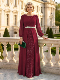 A Line Round Neck Long Sleeves Mother of the Bride Dresses with Belt