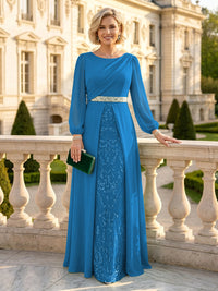A Line Round Neck Long Sleeves Mother of the Bride Dresses with Belt