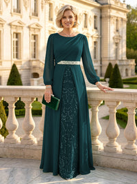 A Line Round Neck Long Sleeves Mother of the Bride Dresses with Belt