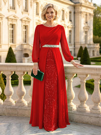 A Line Round Neck Long Sleeves Mother of the Bride Dresses with Belt