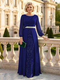 A Line Round Neck Long Sleeves Mother of the Bride Dresses with Belt