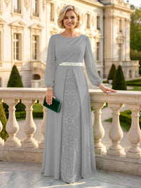 A Line Round Neck Long Sleeves Mother of the Bride Dresses with Belt
