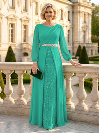 A Line Round Neck Long Sleeves Mother of the Bride Dresses with Belt