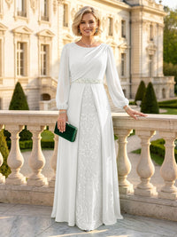 A Line Round Neck Long Sleeves Mother of the Bride Dresses with Belt