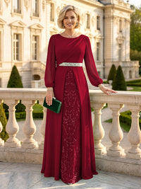 A Line Round Neck Long Sleeves Mother of the Bride Dresses with Belt