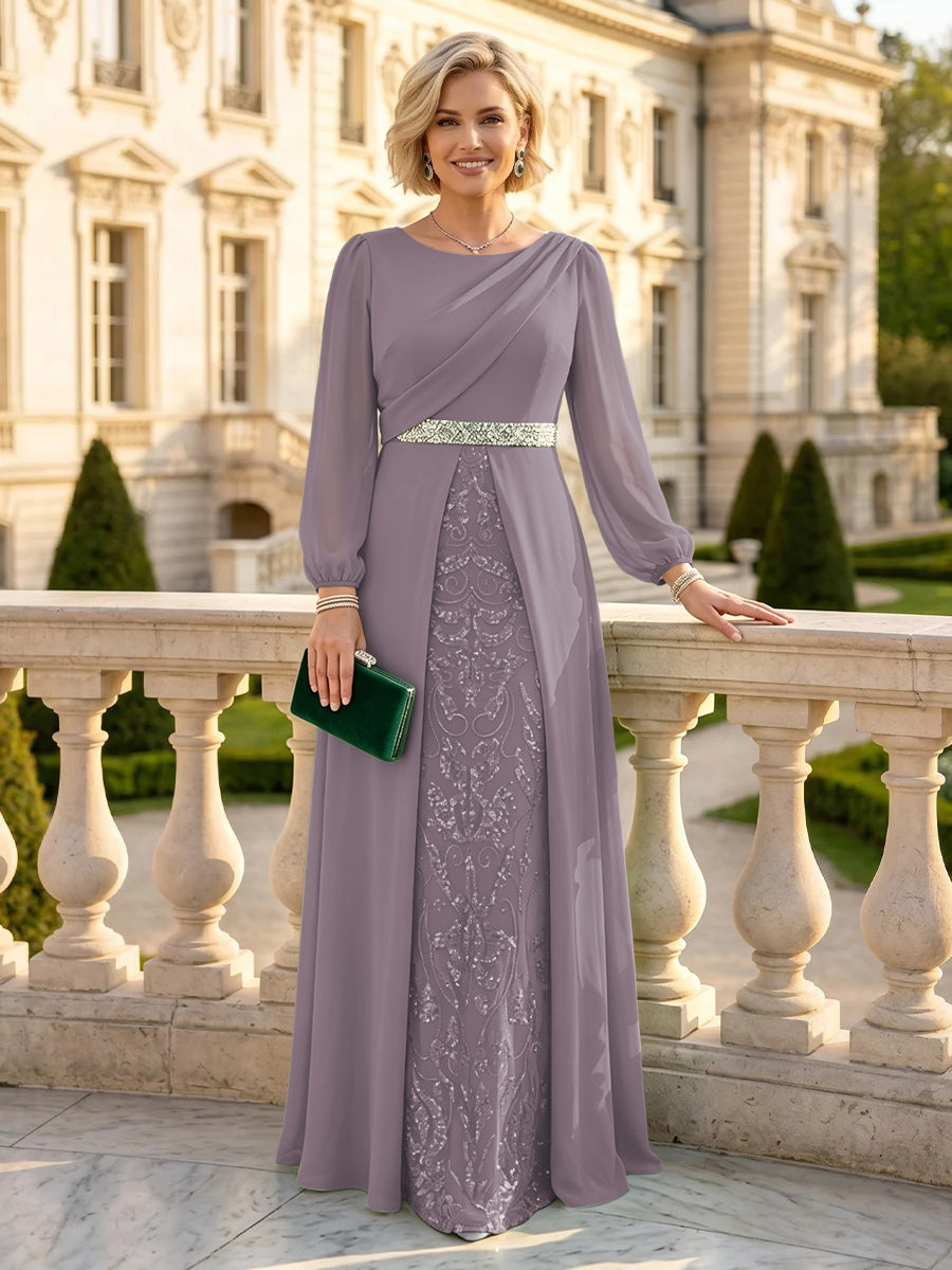 A Line Round Neck Long Sleeves Mother of the Bride Dresses with Belt