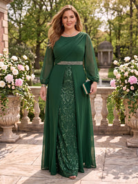 A Line Round Neck Plus Size Long Sleeves Mother of the Bride Dresses with Belt