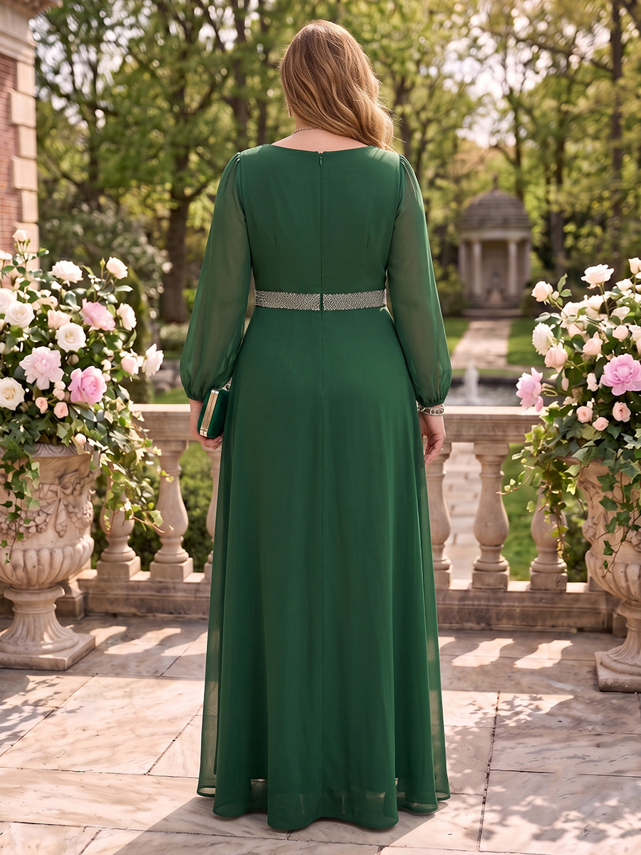 A Line Round Neck Plus Size Long Sleeves Mother of the Bride Dresses with Belt