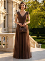 A Line V Neck Short Sleeves Long Mother of the Bride Dresses