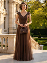 A Line V Neck Short Sleeves Long Mother of the Bride Dresses