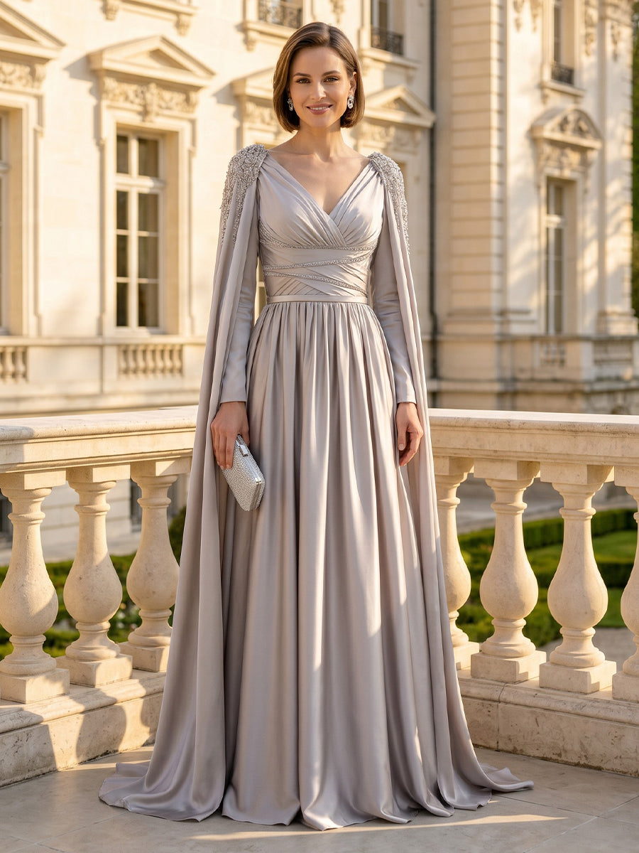 A Line V Neck Long Sleeves Satin Mother of the Bride Dresses