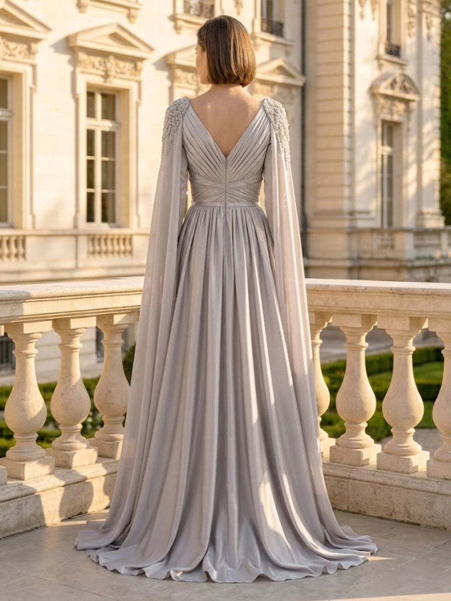 A Line V Neck Long Sleeves Satin Mother of the Bride Dresses