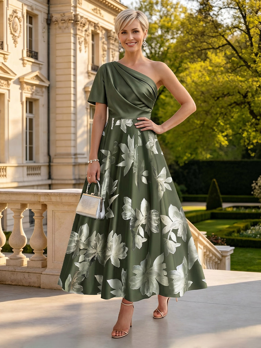 A Line One Shoulder Short Sleeves Long Mother of the Bride Dresses