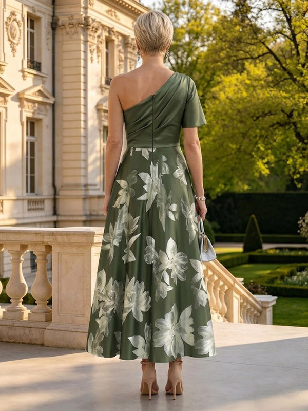 A Line One Shoulder Short Sleeves Long Mother of the Bride Dresses