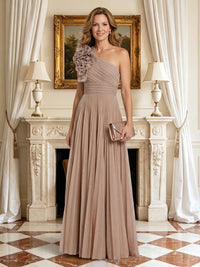 A Line One Shoulder Sleeveless Long Mother of the Bride Dresses with Flower