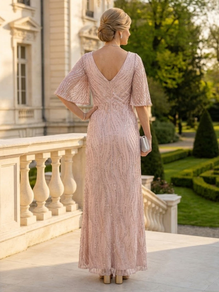 A Line V Neck Half Sleeves Long Mother of the Bride Dresses