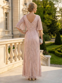 A Line V Neck Half Sleeves Long Mother of the Bride Dresses