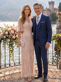 A Line V Neck Half Sleeves Long Mother of the Bride Dresses