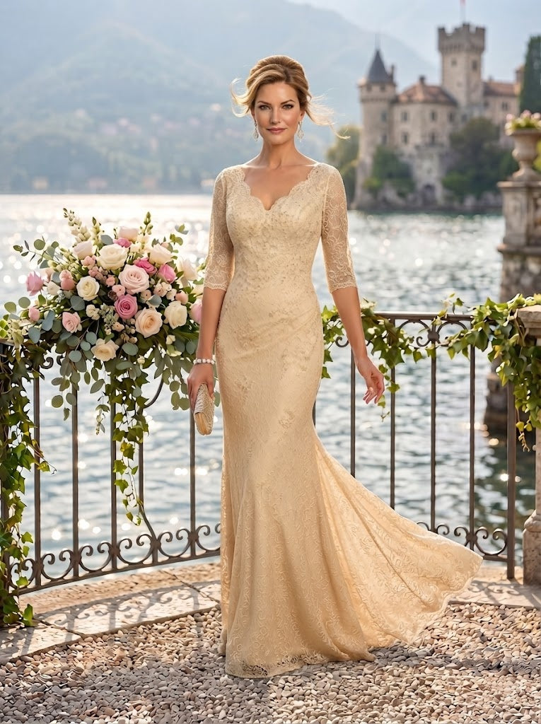 Mermaid V Neck Half Sleeves Long Mother of the Bride Dresses