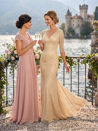 Mermaid V Neck Half Sleeves Long Mother of the Bride Dresses