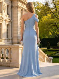 Mermaid One Shoulder Sleeveless Long Mother of the Bride Dresses with Slit