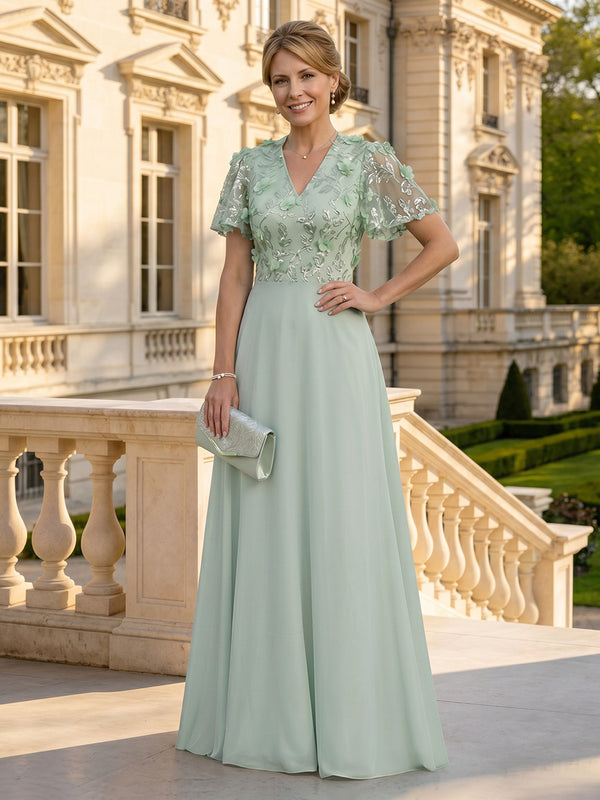 A Line V Neck Short Sleeves Long Mother of the Bride Dresses with Flower