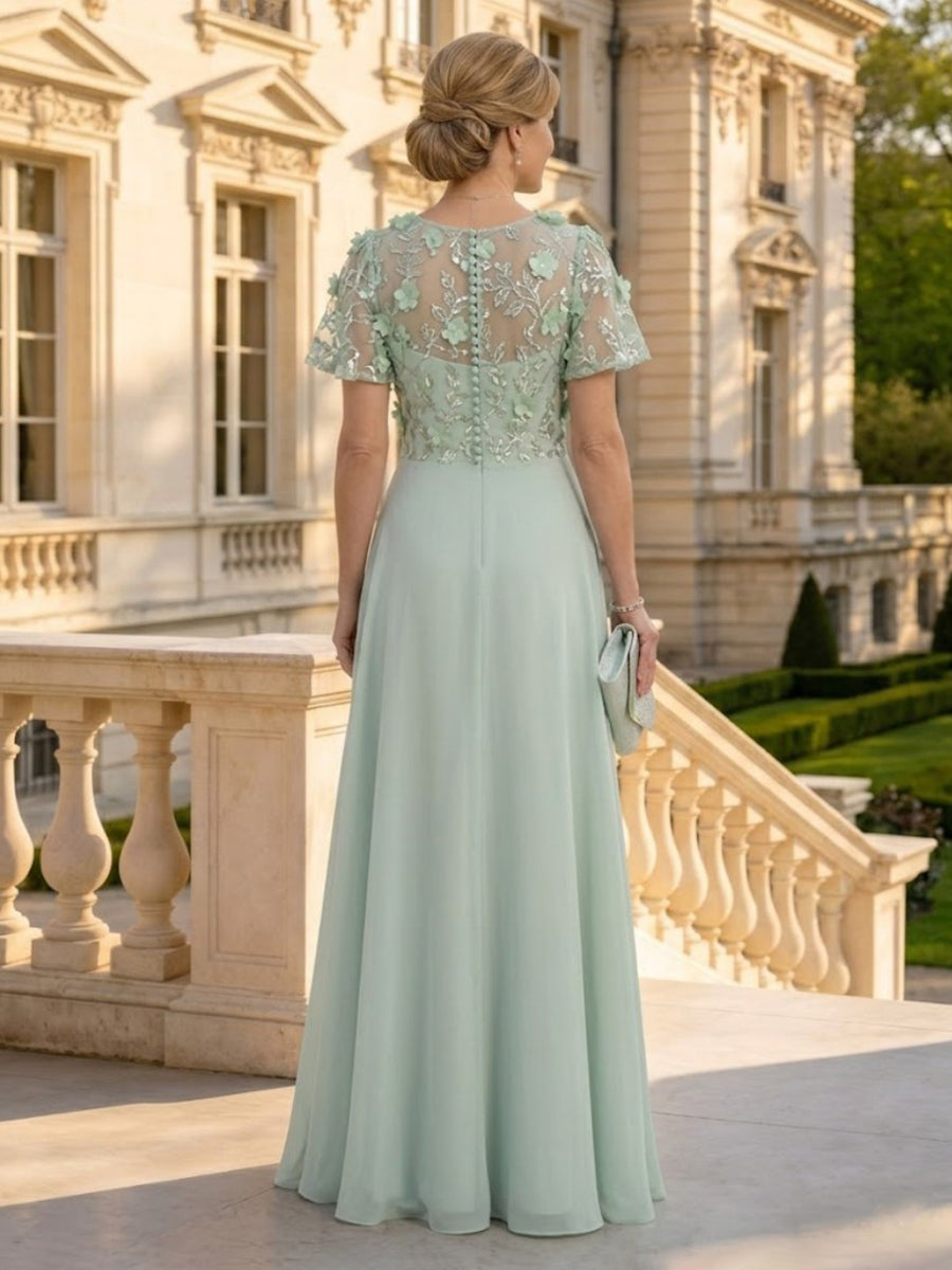 A Line V Neck Short Sleeves Long Mother of the Bride Dresses with Flower