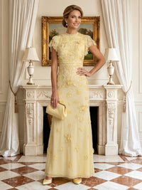 Column Round Neck Short Sleeves Long Mother of the Bride Dresses with Flower