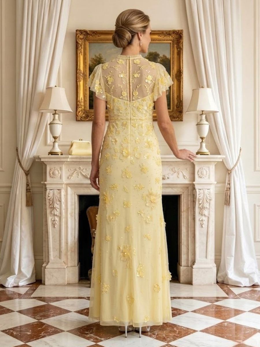 Column Round Neck Short Sleeves Long Mother of the Bride Dresses with Flower