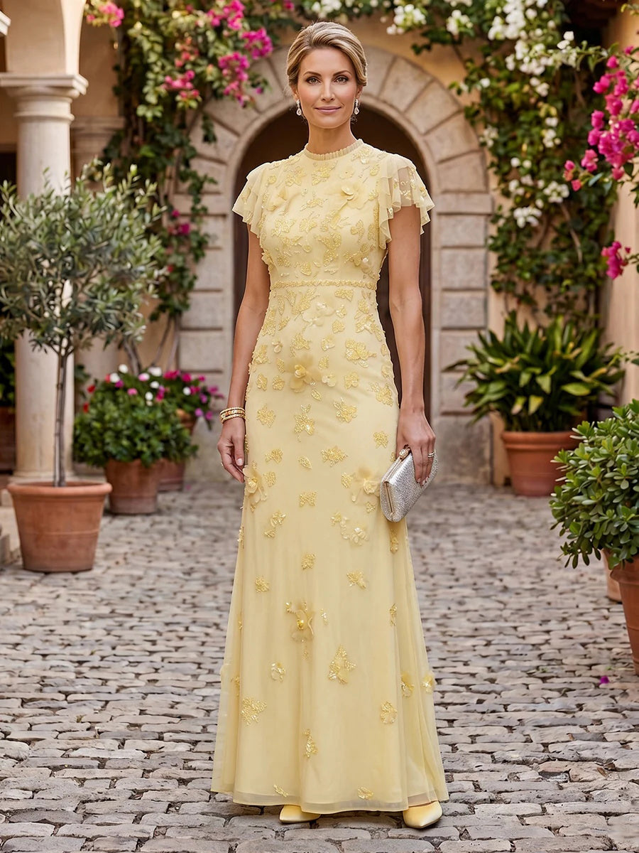 Column Round Neck Short Sleeves Long Mother of the Bride Dresses with Flower